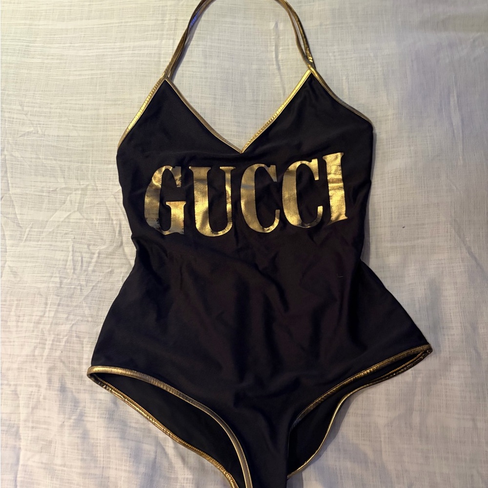 Gucci Authentic Black Swimsuit with Gold Detailing